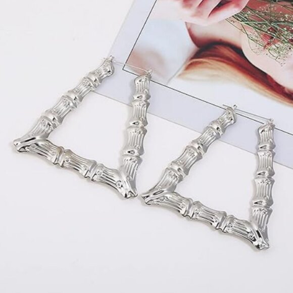 14K White Gold Womens Large Bamboo Triangle Hoop Earrings New 14K Silver Jewelry